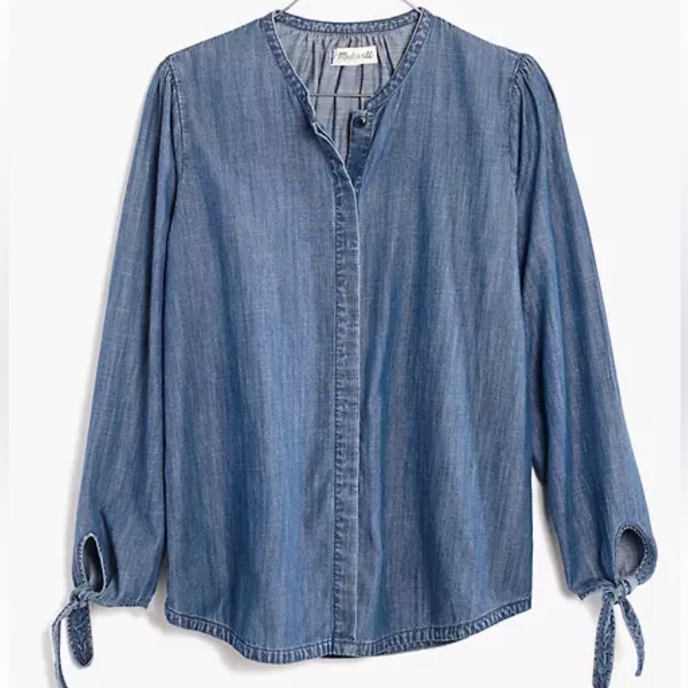 MADEWELL Denim Tie-Sleeve Button down Shirt size XS Soft Denim 100% Cotton